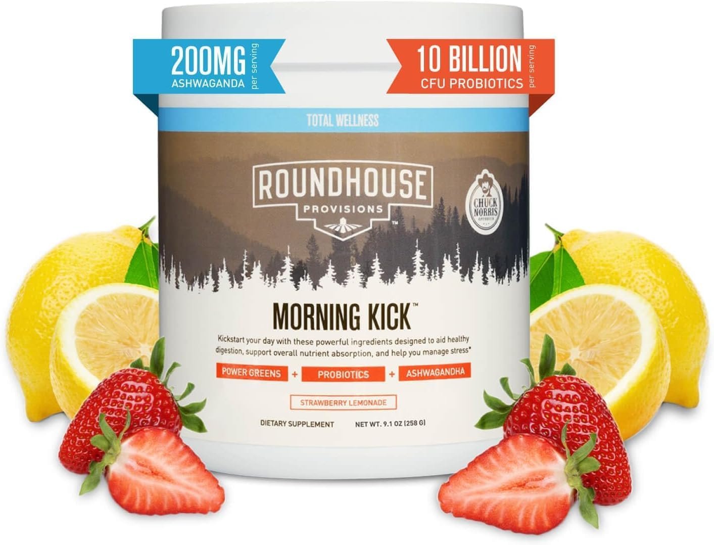 Morning Kick, Zero Sugar Greens Superfood Powder Supplement with Ashwaganda-30 Servings (Strawberry Lemonade) by Chuck Norris